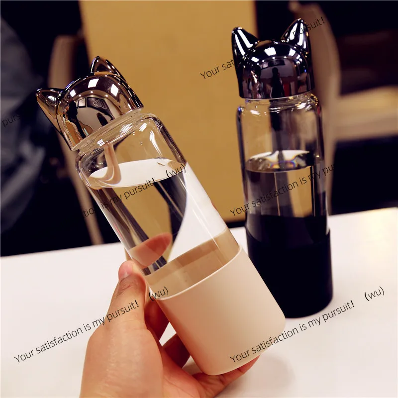 

350ML Portable Transparent Glass Water Bottle Cute Cartoon Wolf Portable Drink Bottle With Silicone Rope Outdoor Sport Bottles