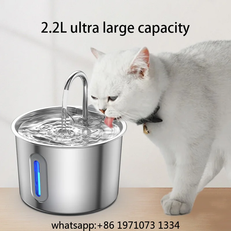 2.2L Stainless Steel Pet Water Dispenser Automatic Water Fountain USB Silent Water Pump Dispenser+Filter Set for Cats