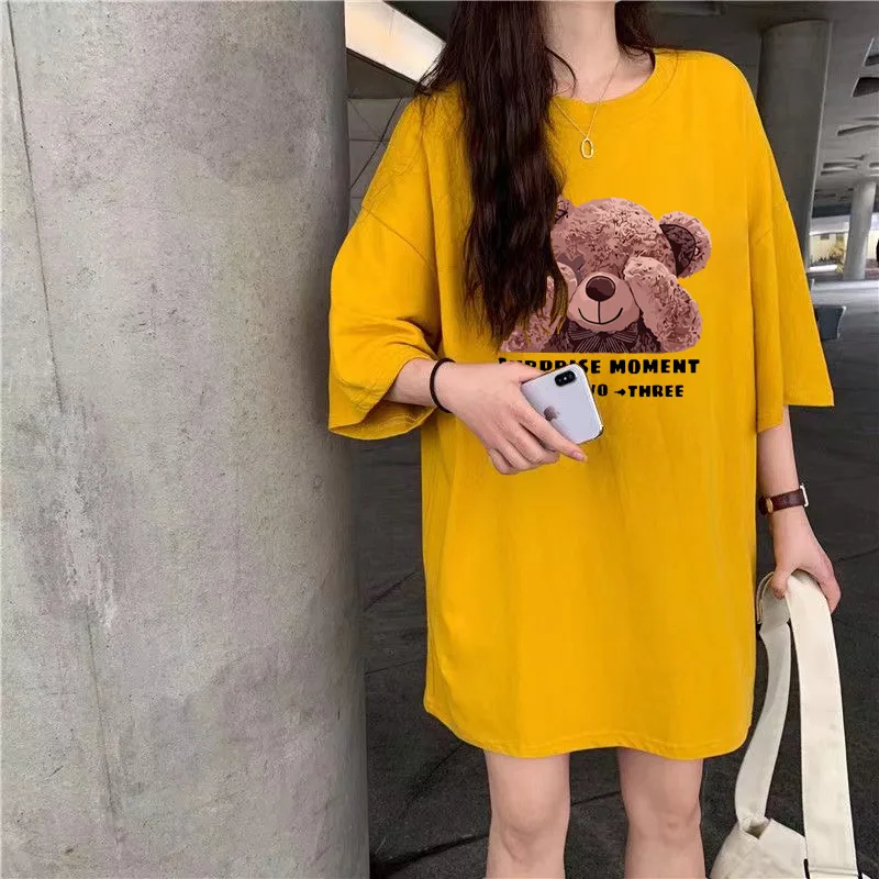 Cotton100% New Short Sleeve T-shirt for Female Students Korean Version Ins Bear High Street Printed Couple Oversized T Shirt Tee