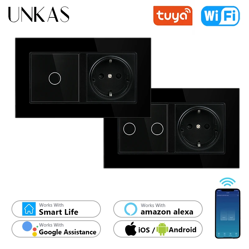 UNKAS EU Socket Single Fire Line Tuya Smart Wifi Light Switch DIY Free Combination Google Home Alexa Black Glass Panel Outlet