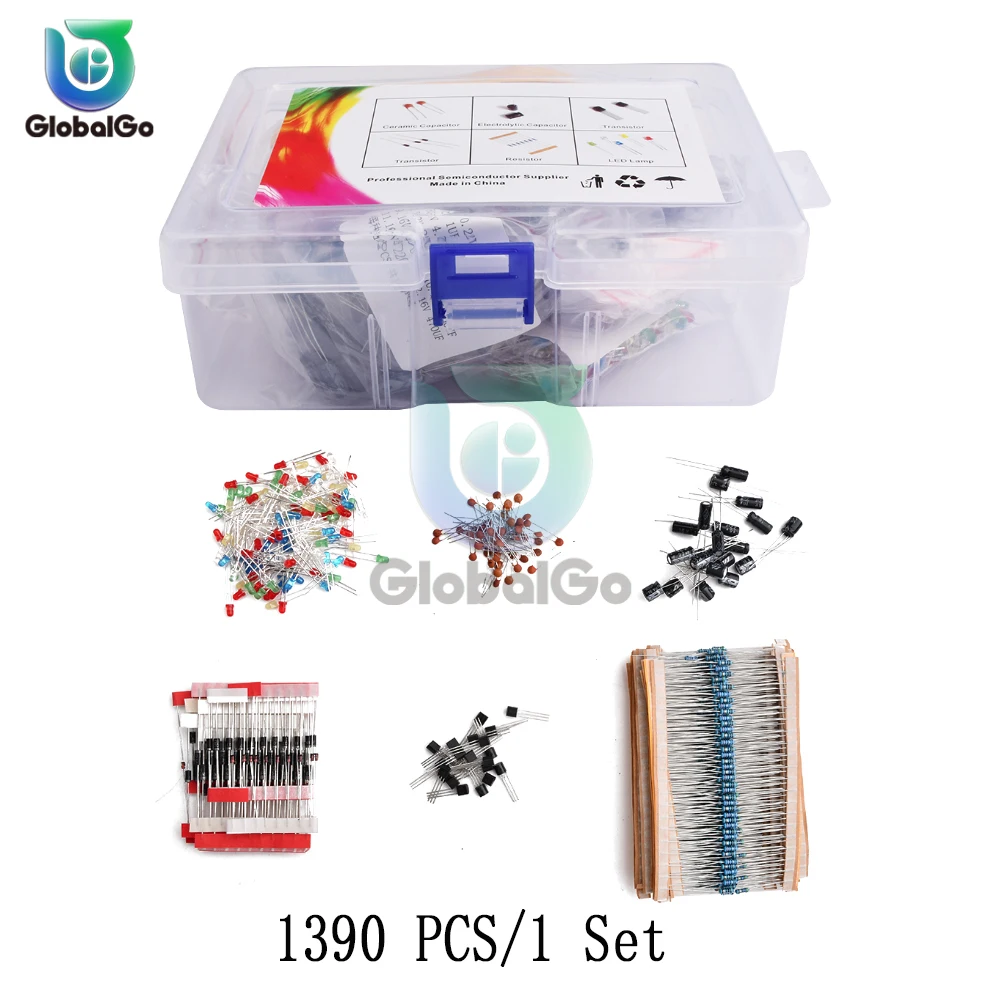 1390PCS Electronic Component Assortment Kit LED diodes electrolytic Capacitor Ceramic set transistor Pack DIY Kit for Arduino