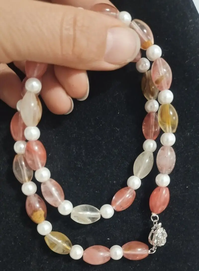 

8*12 мм вишневый кварц + 6 мм белое жемчужное ожерелье из ракушек Южного моря 18 дюймов