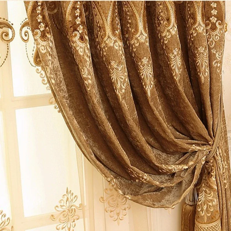 

Luxury Curtains for Living Dining Room Bedroom Chenille Embroidered Blackout Balcony Floating Window Drape Hotel Custom Size