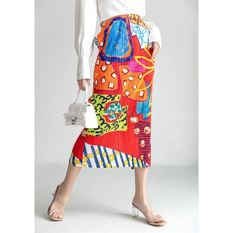 Spring and Summer Women's Splicing Contrast Color High Waist Loose Elastic Bag Hip Straight Folds Korean Fashion Commute Skirt