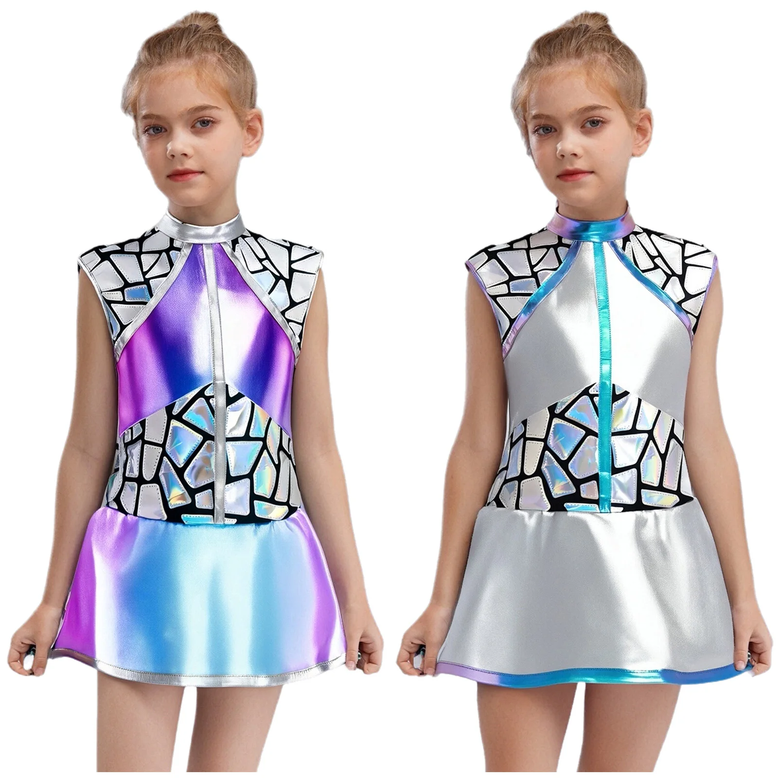 

Girls Halloween Shiny Metallic Dress Outerspace Astronaut Alien Robot Cosplay Costume for Carnival Festival Cutie Anime Clothes