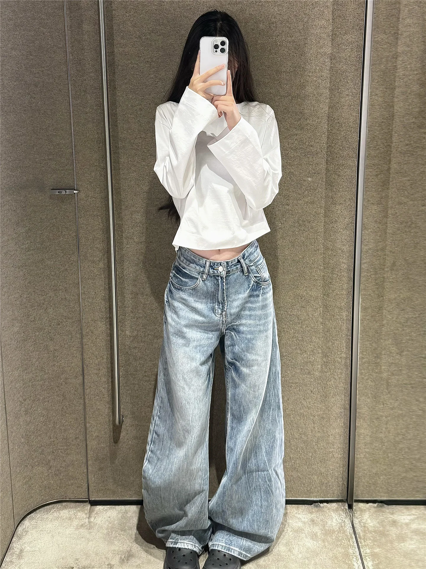 

Американские винтажные синие джинсы с низкой посадкой и широкими штанинами для женщин, свободные, стройнящие, с эффектом потертости, весенняя коллекция, модель «Knife Pants»