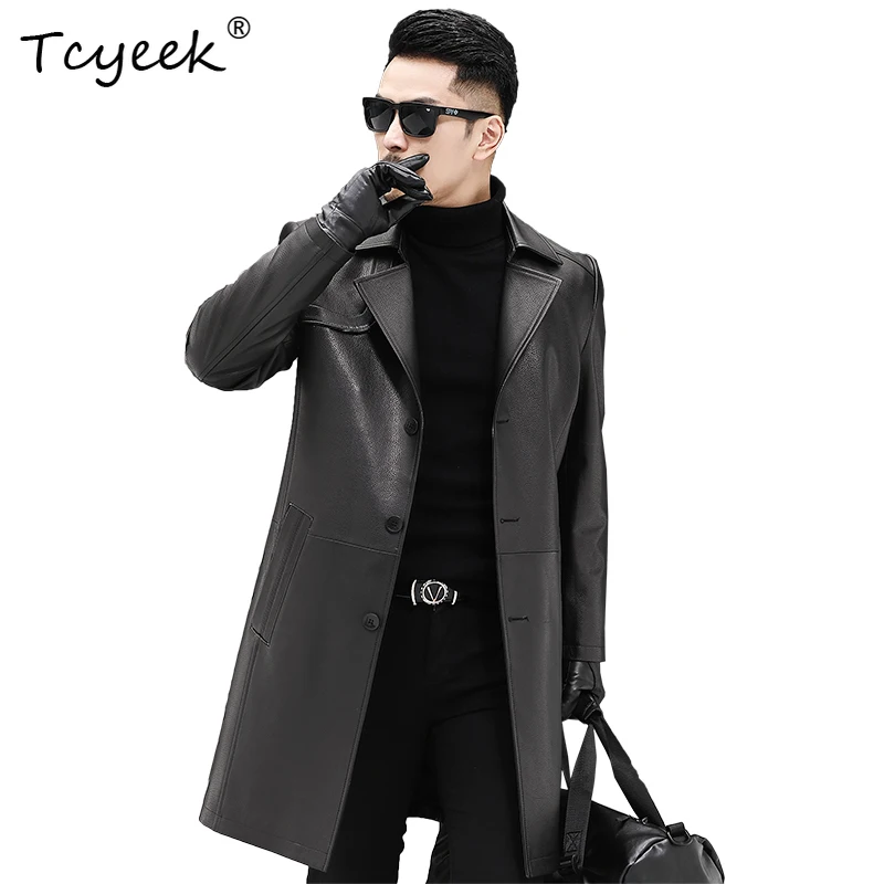 

Tcyeek Натуральная козья кожа на флисовой подкладке Осень Зима Высококачественный модный костюм с воротником Черная мужская куртка средней длины из натуральной кожи 가죽 자켓