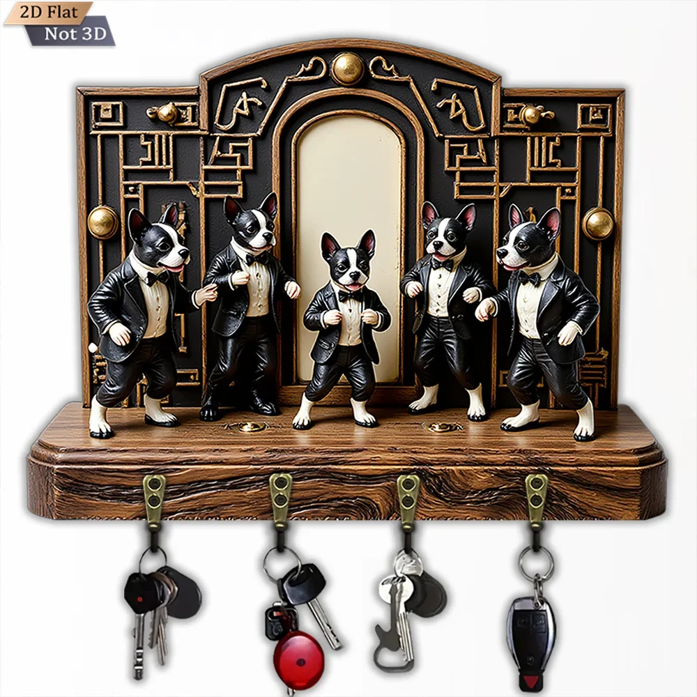 2D Flat, 1pc, Retro Suit Puppy Key Hook, Wooden Multifunctional Home Key Hook, with Four Metal Hooks, Wall Decor, Porch Decor,