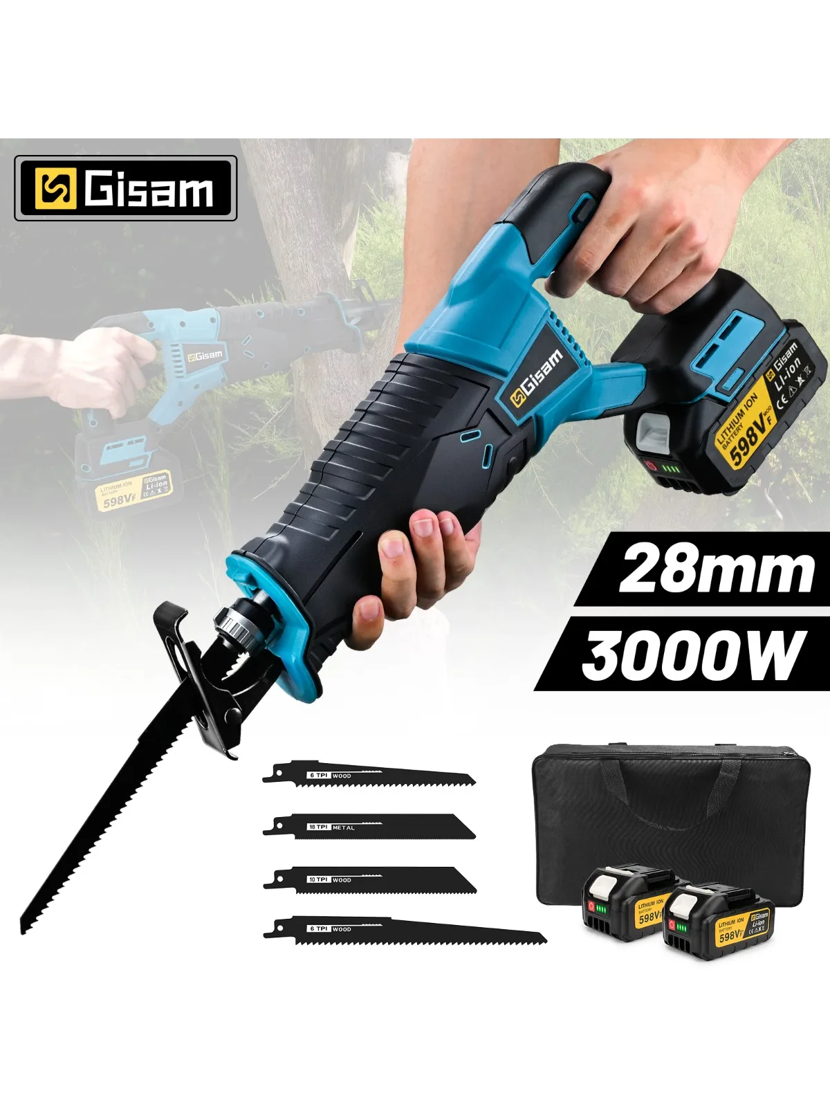 Gisam 3000W 10000SPM Elektrische Säbelsäge Kabellos Tragbare Holz- und Metallsäge Elektrowerkzeug für Makita 18V Akku