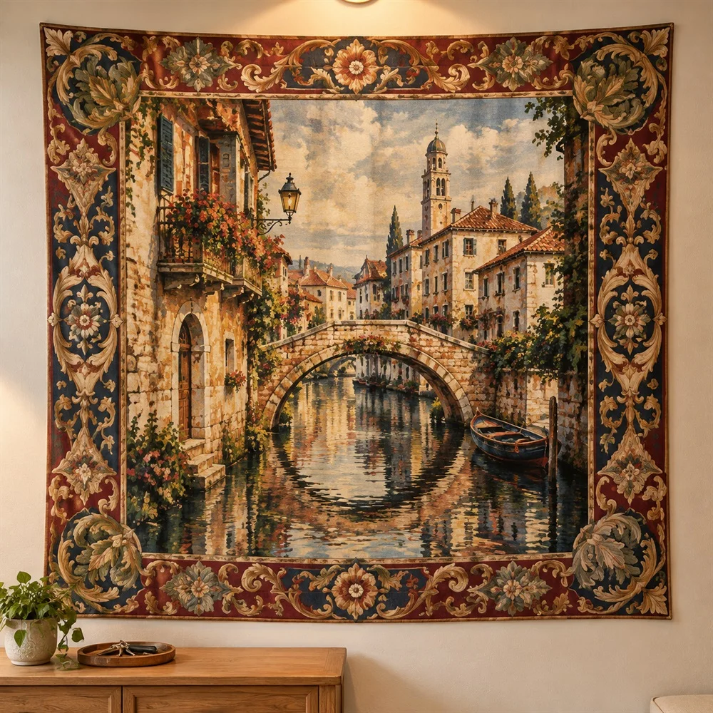 VIKAMA Stone Bridge Canal Tapestry Wall Hanging, Aesthetic European Room Decor Tapestries for Bedroom Living Room Study Entryway