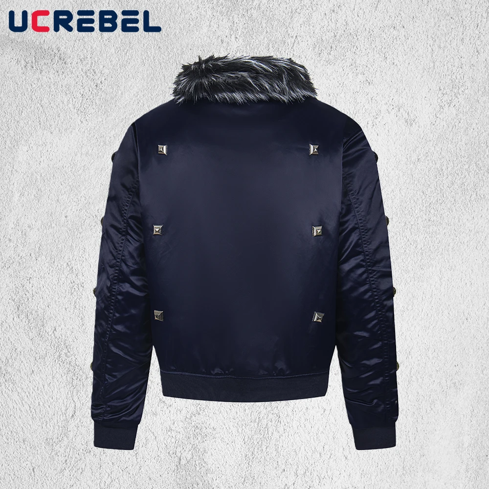 Solid Color Spliced Quilted Jacket Mens with Rivets Winter Retro High Street Long Sleeve Fur Collar Padded Jacket Man