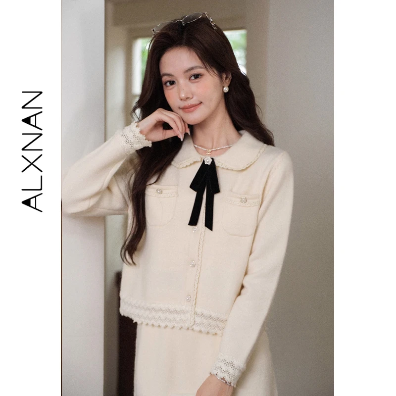 ALXNAN Plus Size Knit Cardigan Women Autumn Winter Warm Elegant Sweater Fashion Casual Bow Pearl Flower Buttons Tops D663083