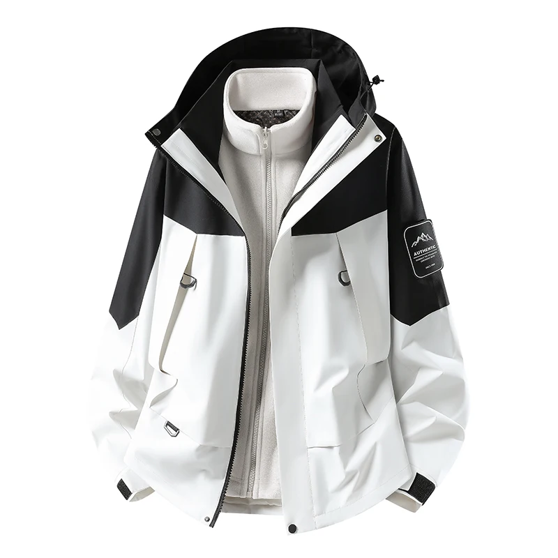 Unisex 3‑in‑1 Detachable Hiking Jacket Hooded Windproof Rainproof Outdoor Coat Breathable Zipper Closure Camping Jacket