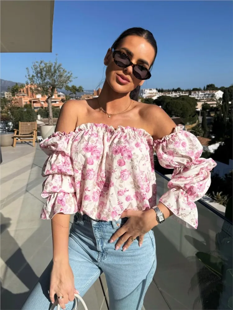 

Spring Autumn New Fashion One Word Neck Printed Sexy Off Shoulder Casual Long Sleeve Shirt For Women