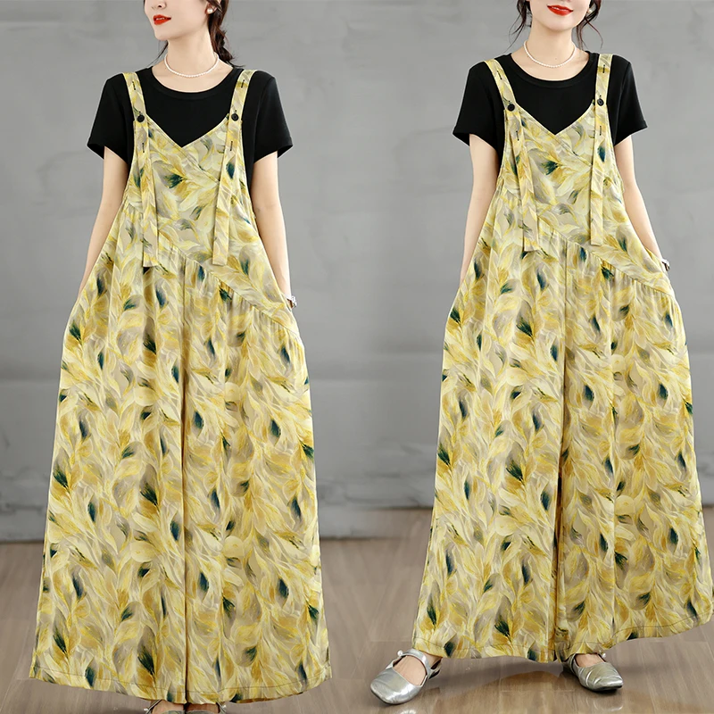 

V-Neck Loose Casual Chiffon Summer Retro Slimming Wide Leg One-Piece Pants Thin Model Women's Fashionable Casual Trousers