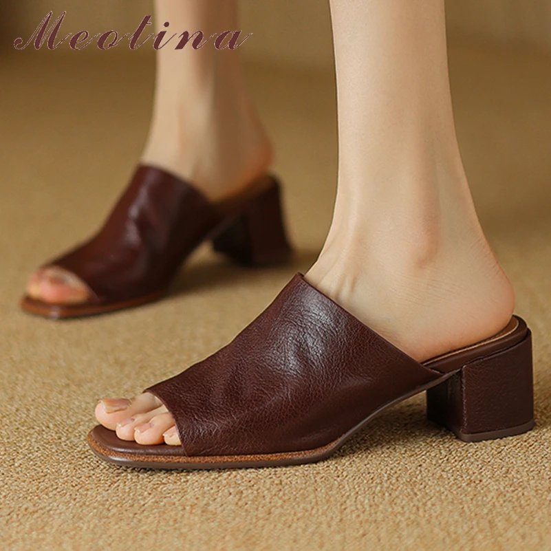 

Meotina Women Genuine Leather Slides Square Toe Chunky Mid Heels Sandals Sheepskin Slippers Ladies Fashion Shoes Summer Beige 41