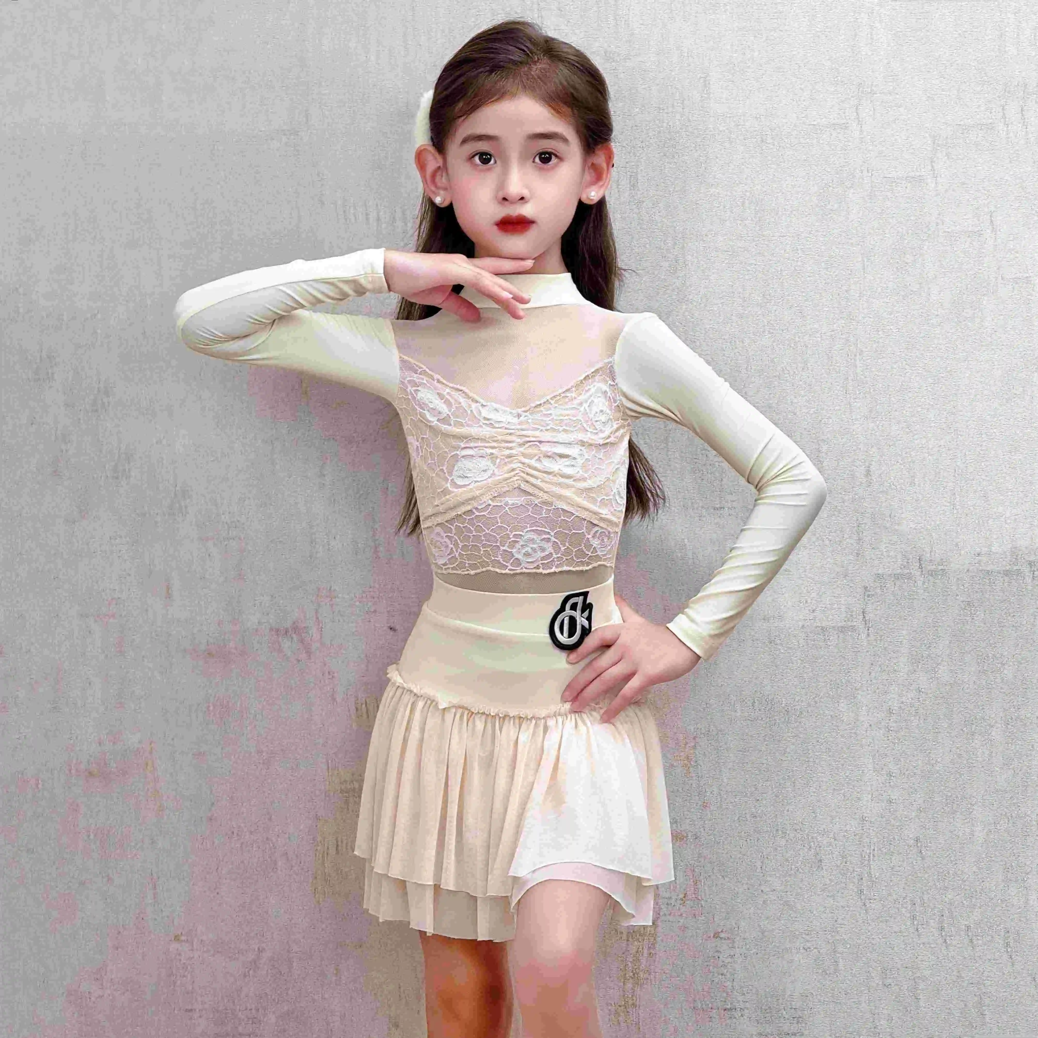 Fashion Latin Dance Competition Dress Children Salsa Latin Dance Performance Costume Girls Long Sleeves Latin Dance Dress 13813