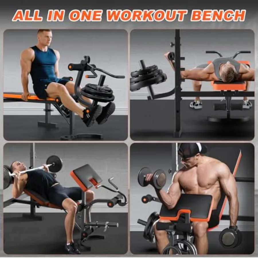 Home gym adjustable weight bench with leg extension preacher curl butterfly arm attachments; heavy-duty 990lbs ccity black stee
