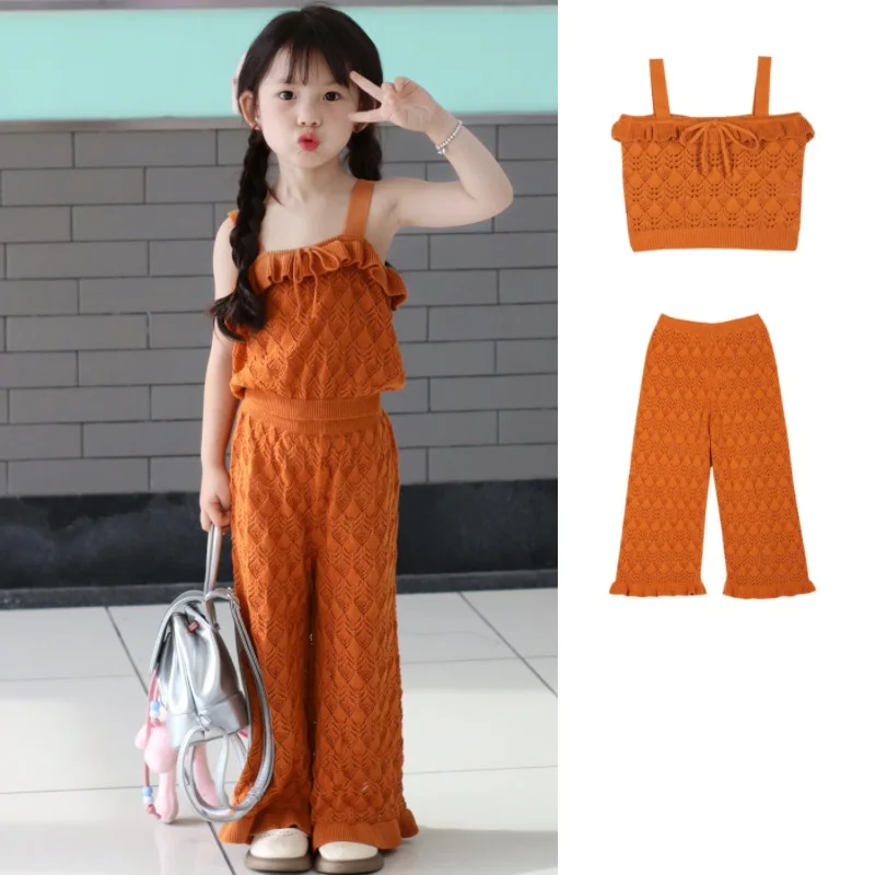 

Girls Short-sleeved Suit 24 Summer New Fashion Hollow Girls Knitwear Suit Cotton Camisole Wide-legged Pants Children's Clothing