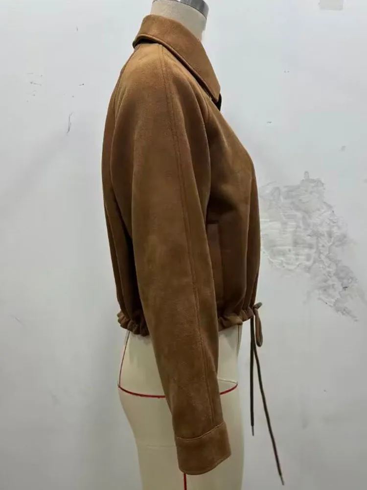 HH Women 2025 Fashion Vintage Lapel Suede Cloth Long Sleeve Coat Female Autumn Casual Hem Drawstring Waist Slimming Jacket