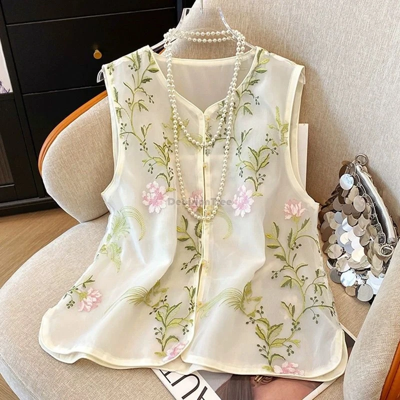 

2025 new summer chinese improved style v-neck sleeveless embroidered vest blouse yarn loose casual women retro tang suit vest
