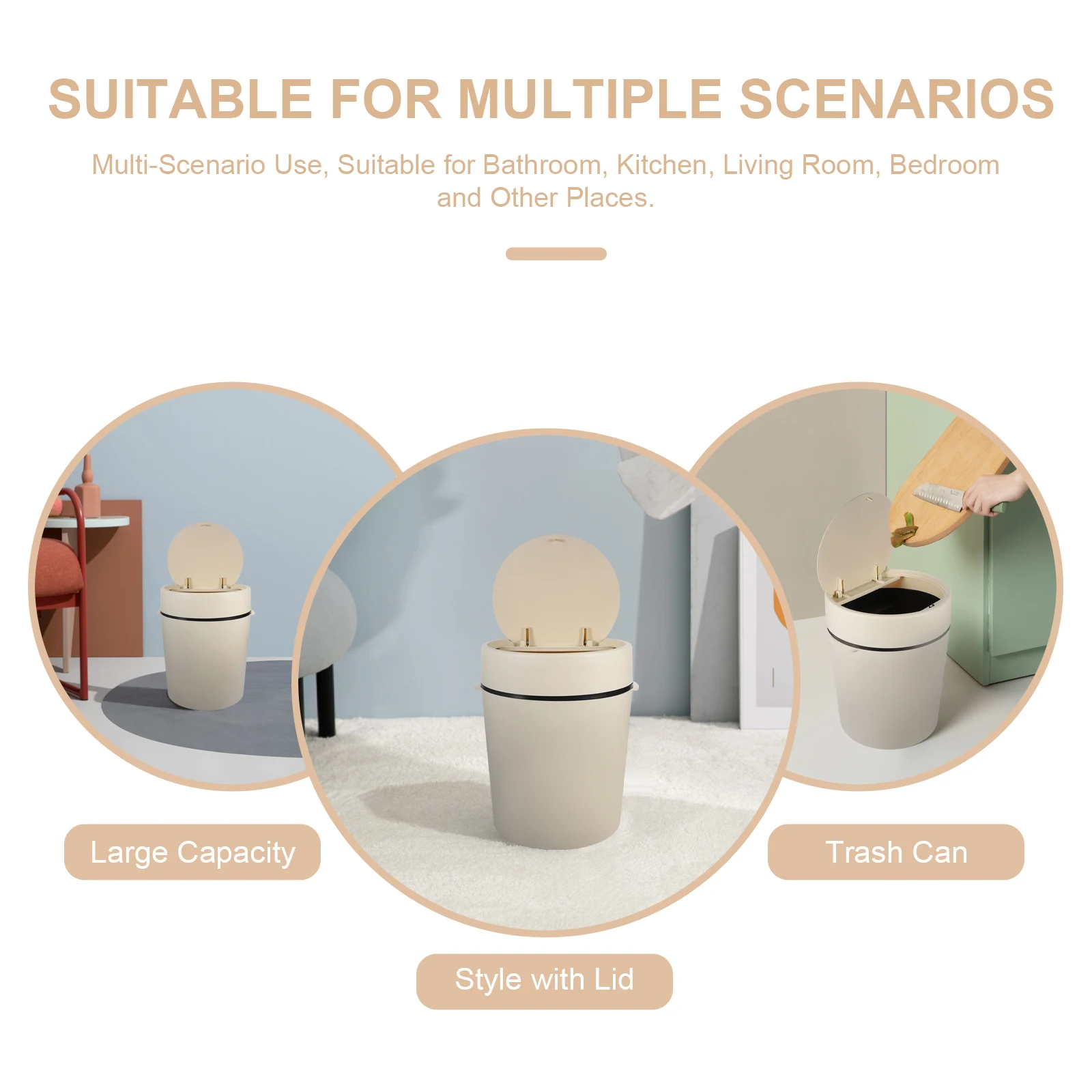 

Trash Can Lid for Kitchen Bathroom Bedroom Living Room Large Capacity Waste Bin Plastic Garbage Can Compact Design Fits Small