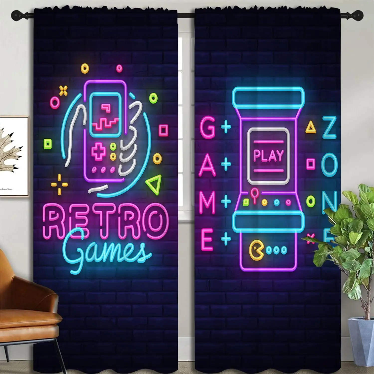 Art Retro Game and Arcade Game Rod Pocket Blackout Curtains for Boy Girl Bedroom, Video Gaming Gamepad and Wall Background Light