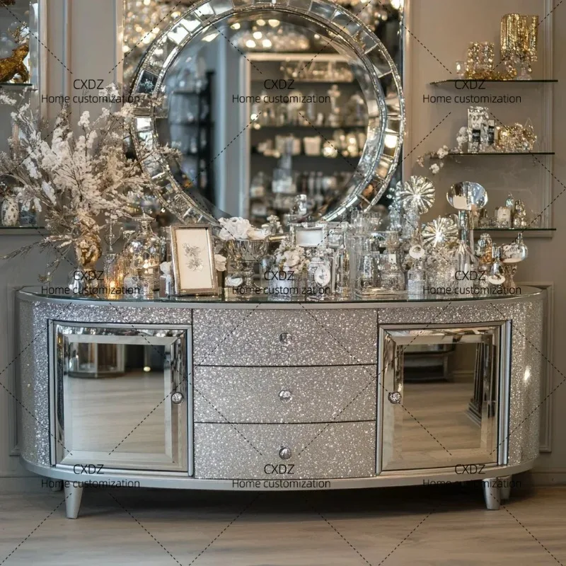 XXWholesale Luxury Wooden Mirror TV Cabinet Living Room Furniture Custom Silver Diamond TV Stand TV Bench