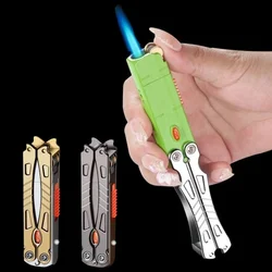 New Metal Flint Grinding Wheel Ignition Lighter Windproof Folding Jet Inflatable Pressure Reducing Lighter Men's Smoking Gift