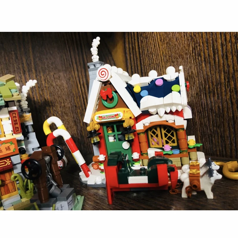 MOC Christmas House Sleigh Santa Reindeer Candy Set Building Block Small Particle Assembled Bricks Home Decoration Toys Gifts