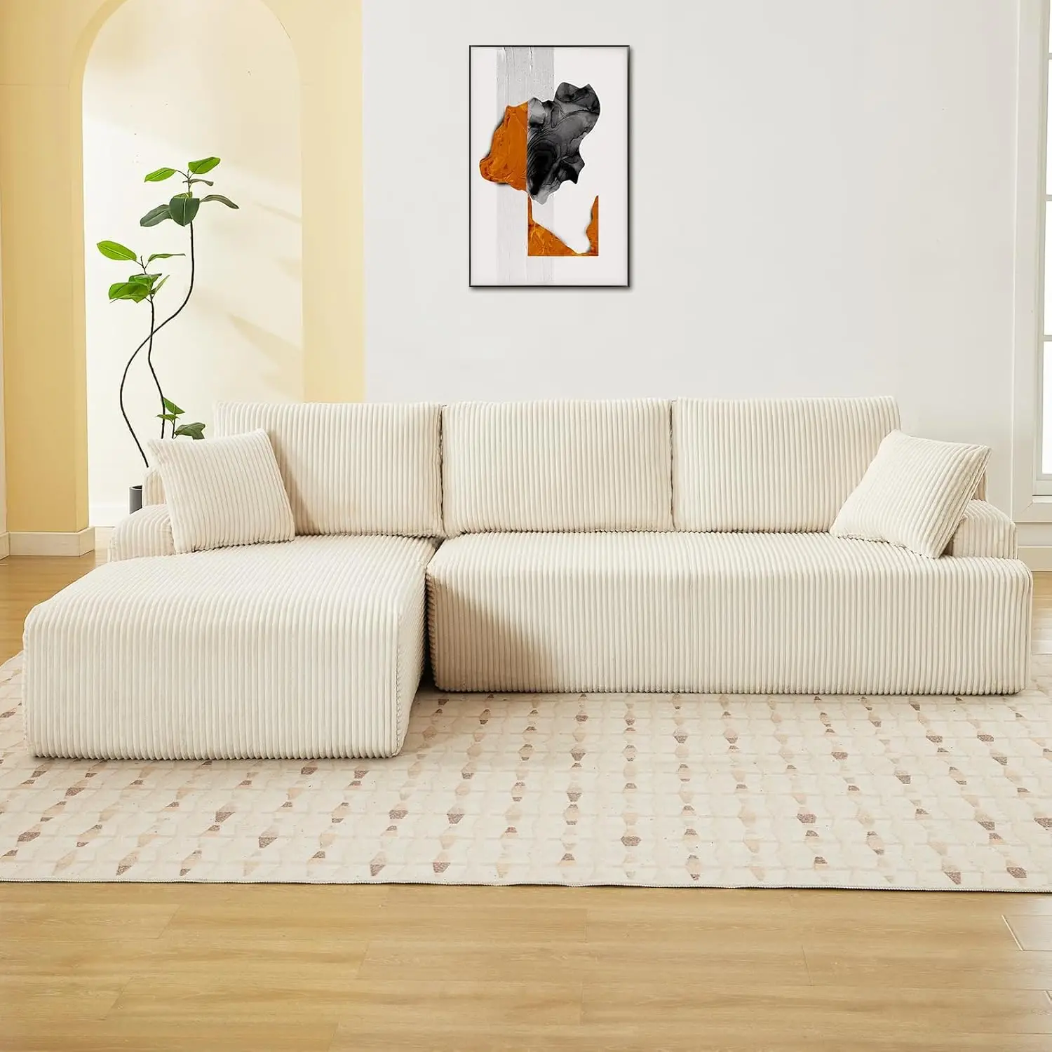 

Garvee 106" Modular Compression Sofa, Cloud Boneless Sectional Couch with L-Shape Sleeper Chaise, Plush Corduroy Upholstery No Assembly Design Living Room Bedroom Beige Left