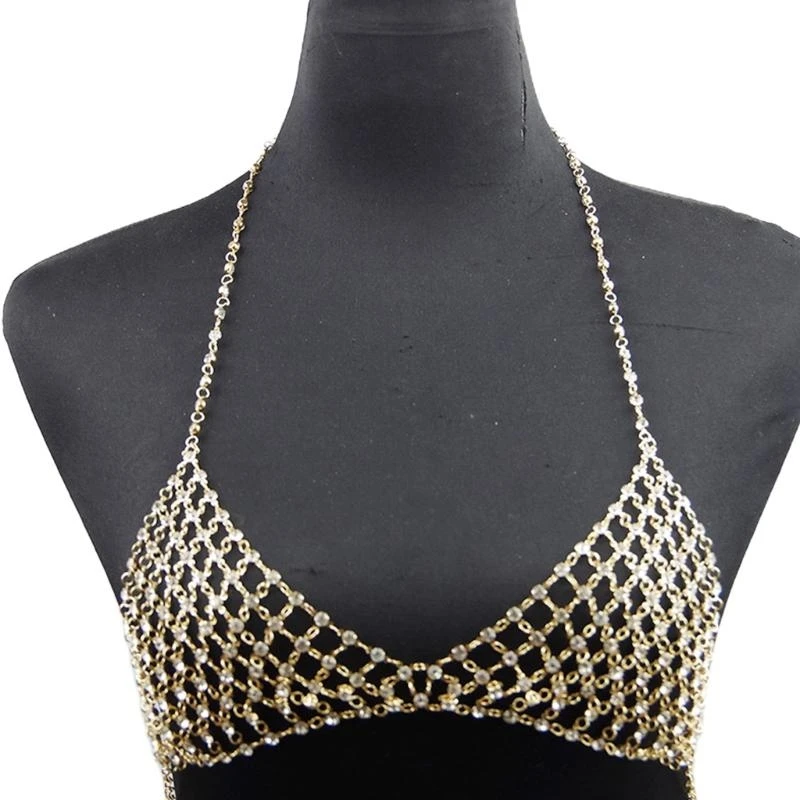 

5asd Sexy Beach Nightclub Rave Chest Chains Crystal Bra Chain Silver Sparkly Crop Top Body Jewelry for Women and Girls