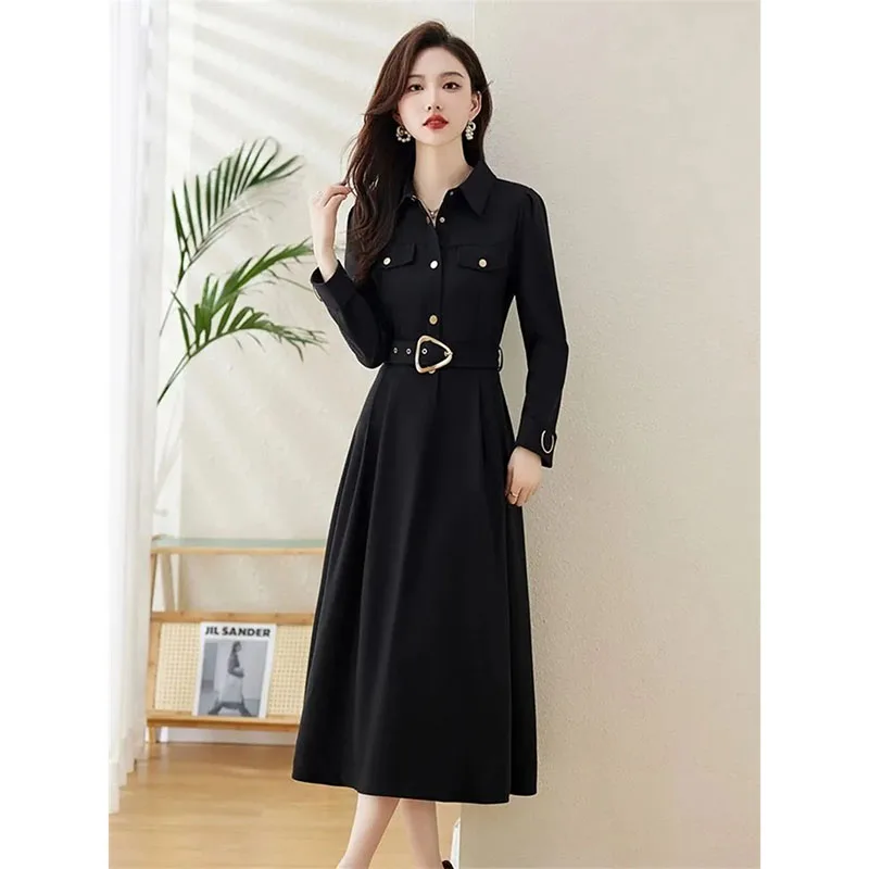 فستان برقبة على شكل طية صدر السترة فساتين قميص نسائية بأكمام طويلة 2026 ربيع خريف جديد فساتين راقية نسائية Mujer Vestidos