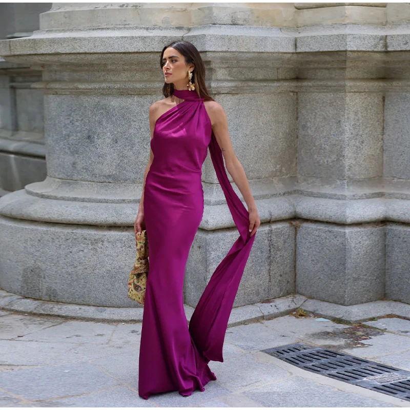 Vrouwen Backless Off Shoulder Bodycon Lange Jurk Sexy Satijnen Lint Mouwloze Vrouwelijke Gewaden 2024 Nieuwe Zomer Elegante Dame Feestjurk