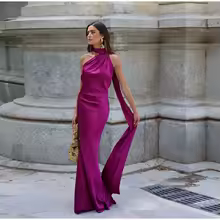 Backless Dress Satin Halter Off Shoulder Party Gown for Women - Purple