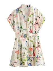 HH Summer Dresses Woman Trendy Print Turn-Down Collar Short Sleeve Belt Single Breasted Female Vintage Slim Mini Dress