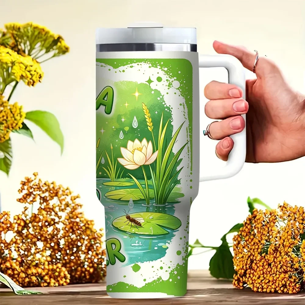 40oz Cute Frog for Lotus Print Tumbler with Handle, Suitable for Everyone for Daily Use And Outdoor Activities, Holds Both Hot And Cold Drinks for All Daily Occasions