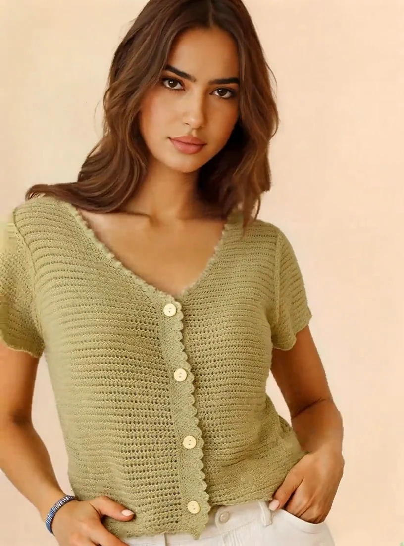 عادية الخامس الرقبة ماتشا الأخضر الجوف متماسكة زر سترة 2025 الصيف اقتصاص قمة الموضة كم سترة الشمس حماية قميص K321 #3