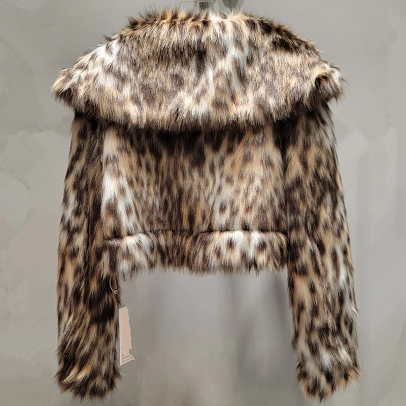 DEAT 2024 Winter New Fashion Leopard Print Lapel Fur Coat For Women Loose Casual Lapel Long Sleeve Short Jacket Female 11A01312