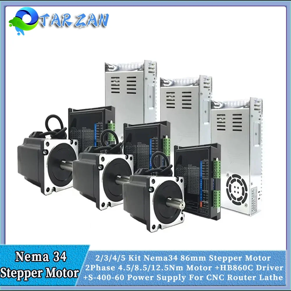 

1-5Axis Nema34 Stepper Motor HB860C Drive 400W Power Supply Kit 86mm 14mm Shaft 2PH 6A 4.5/8.5/12NM For CNC Engraving Machine