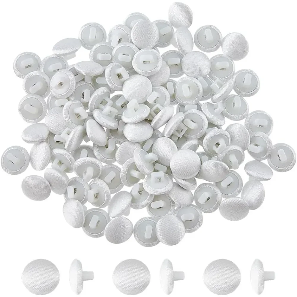 100Pcs White Satin Cloth Buttons 1cm Fabric Button Mushroom Fabric Covered Button with Plastic Shank Tuxedo Round Buttons
