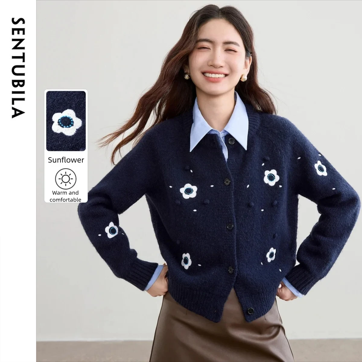 

SENTUBILA Women's Cardigan 2025 Autumn O-neck Single Breasted Embroidery Cardigan Long Sleeve Knit Sweater Female Tops W54EB3517