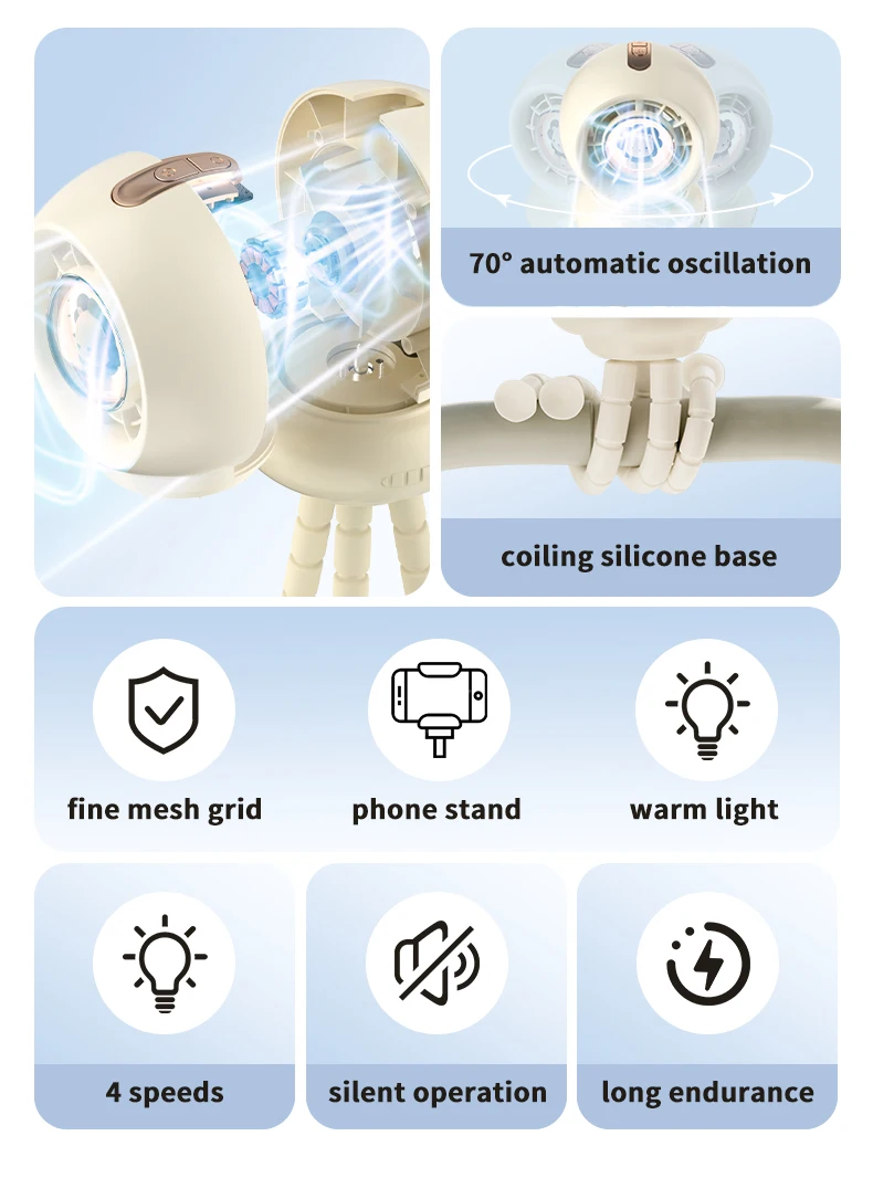 Tragbarer Kinderwagen-Ventilator, Octopus, USB wiederaufladbar, 3600 mAh, Schüttelkopf, zum Aufstecken, abnehmbarer Desktop-Handheld, Mehrzweck-Mini-Ventilator