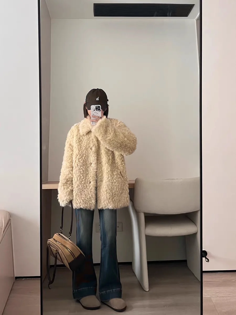 Casaco de Inverno F em Pele de Cordeiro, Estilo Coreano, Crimento Médio, Solto e Acolchoado