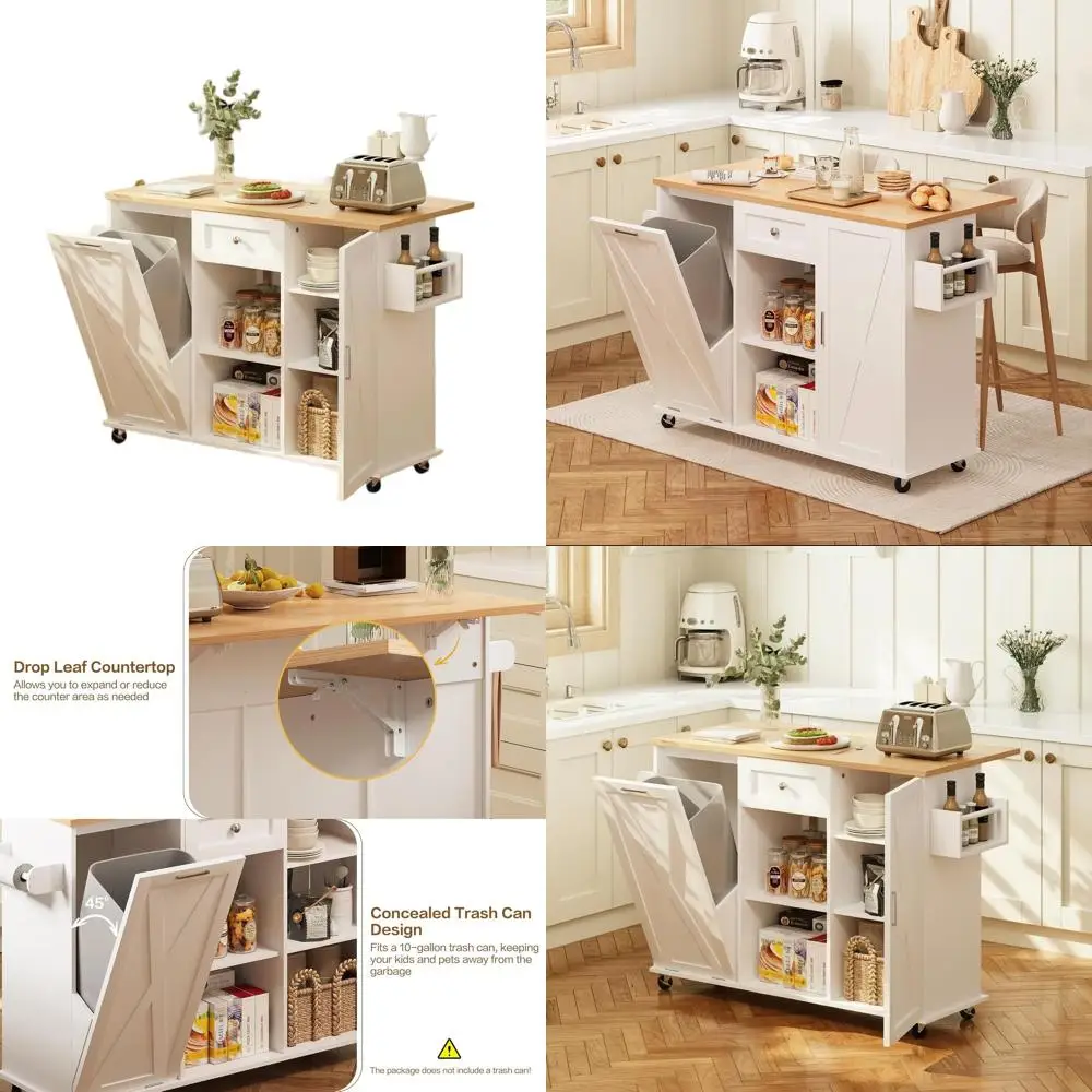 52-Inch Rolling Kitchen Island with Drop Leaf, Trash Bin, Spice Rack, and Towel Bar