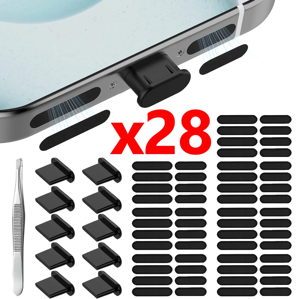 قابس غبار USB C من السيليكون مع غطاء مكبر صوت للهاتف 28 في 1 طقم تنظيف غطاء منفذ الشحن لنظام iOS Micro Type-C iPhone Samsung #1