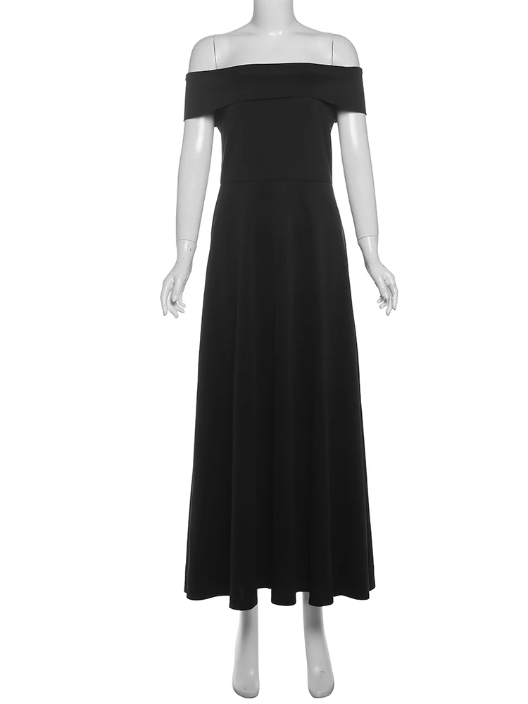 Kliou clásico A-line vestido largo drapeado Simple sólido fuera del hombro espalda descubierta ceñido al cuerpo mujer verano básico Hipster Vestidos de calle