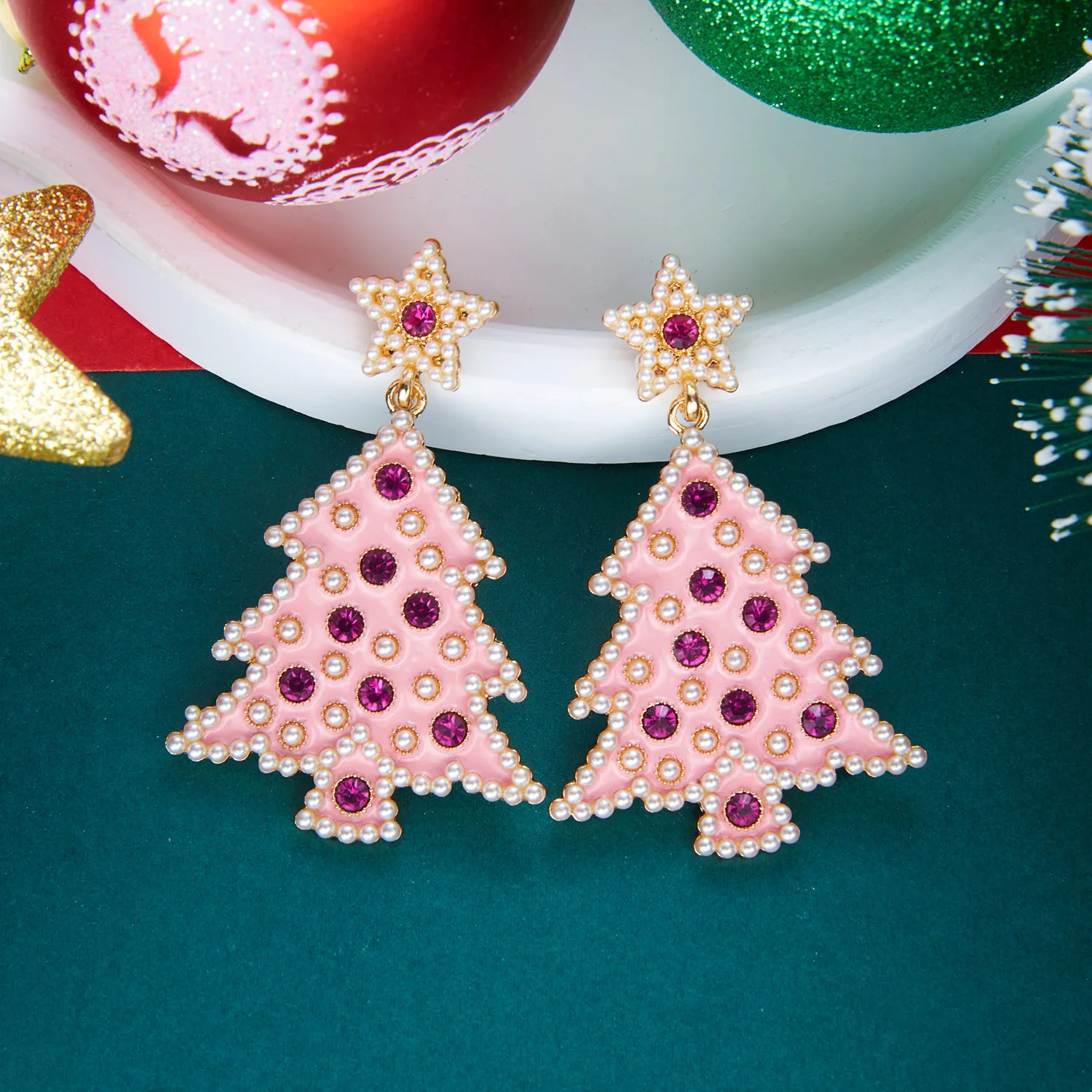 Light Luxury Pink Zircon Christmas Tree Drop Earrings for Women Cute Star  Imitation Pearl Earrings Aesthetics New Year Jewelry