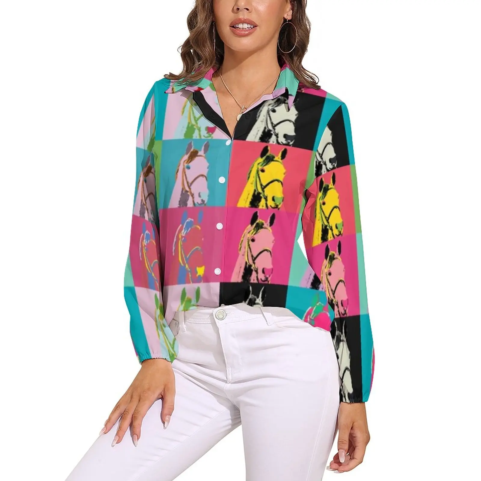 Colorful Horse Art Blouse Long-Sleeve Lady\'s Secret Horses Racing Vintage Blouses Female Street Wear Oversized Shirts Summer Top