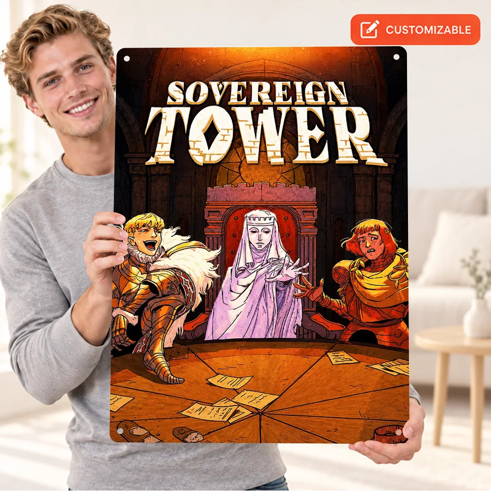 Sovereign Tower Fantasy Textured Metal Poster Customized Aluminum Sign Medieval Council Around Table Wall Art For Game Lounge
